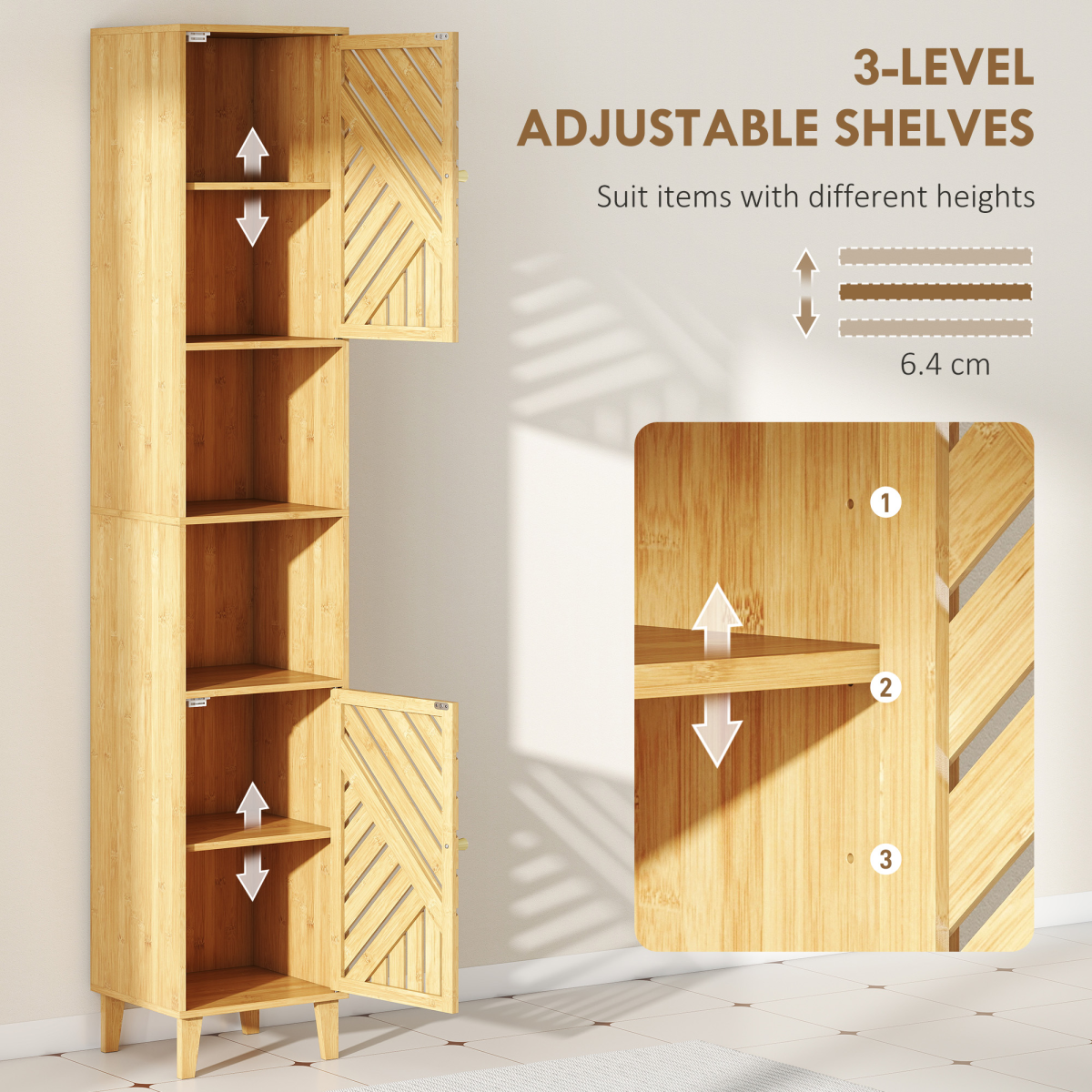 HOMCOM Tall Bathroom Cabinet with Open Compartments and Adjustable Shelves