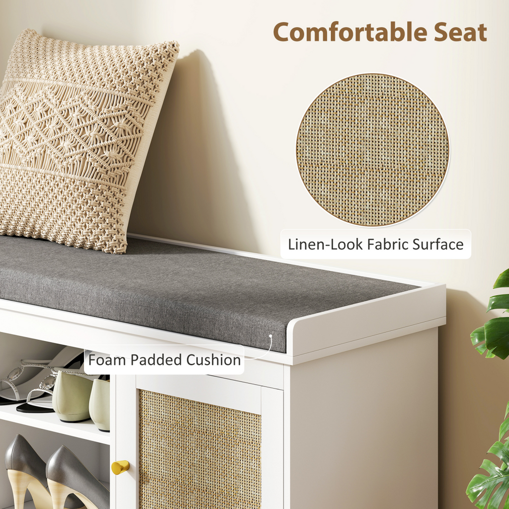 HOMCOM Shoe Bench, Boho Shoe Storage Bench with Padded Cushion, White