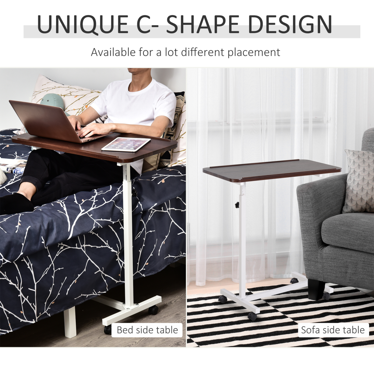Multipurpose Overbed Chair Table Sofa Side Stand Height Adjustable White/Brown