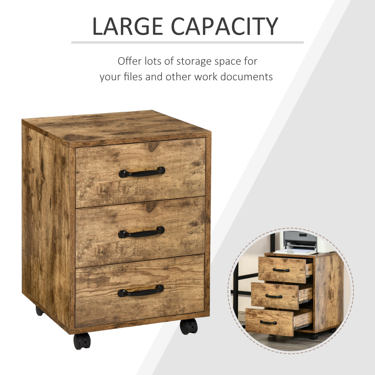 Rolling File Cabinet with 3 Drawers, Under Desk Mobile Filing Organizer HOMCOM