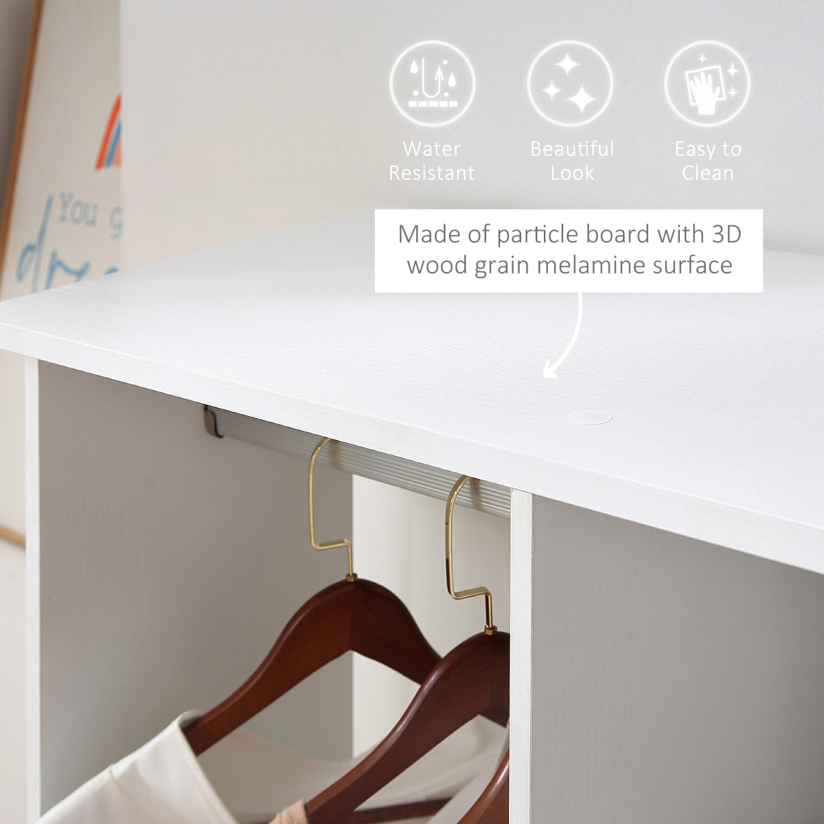 Mobile Double Open Wardrobe w/ Clothes Hanging Rail Colthing White