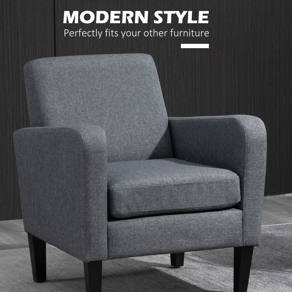 Linen Modern-Curved Armchair Accent Seat with Thick Cushion Wood Legs Grey