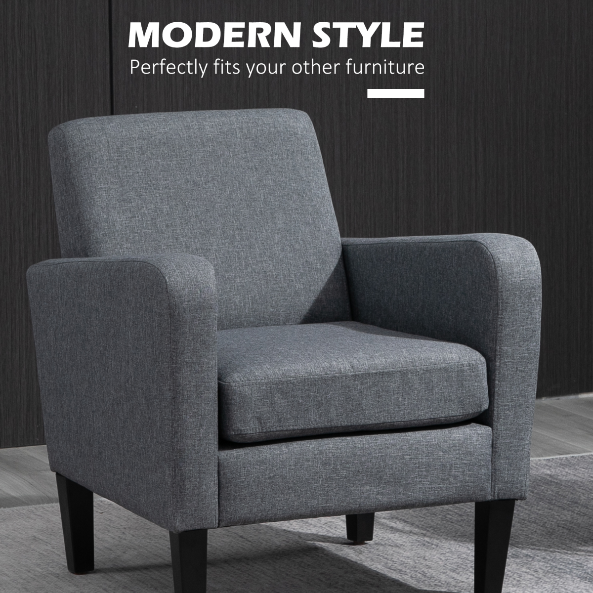 Linen Modern-Curved Armchair Accent Seat with Thick Cushion Wood Legs Grey