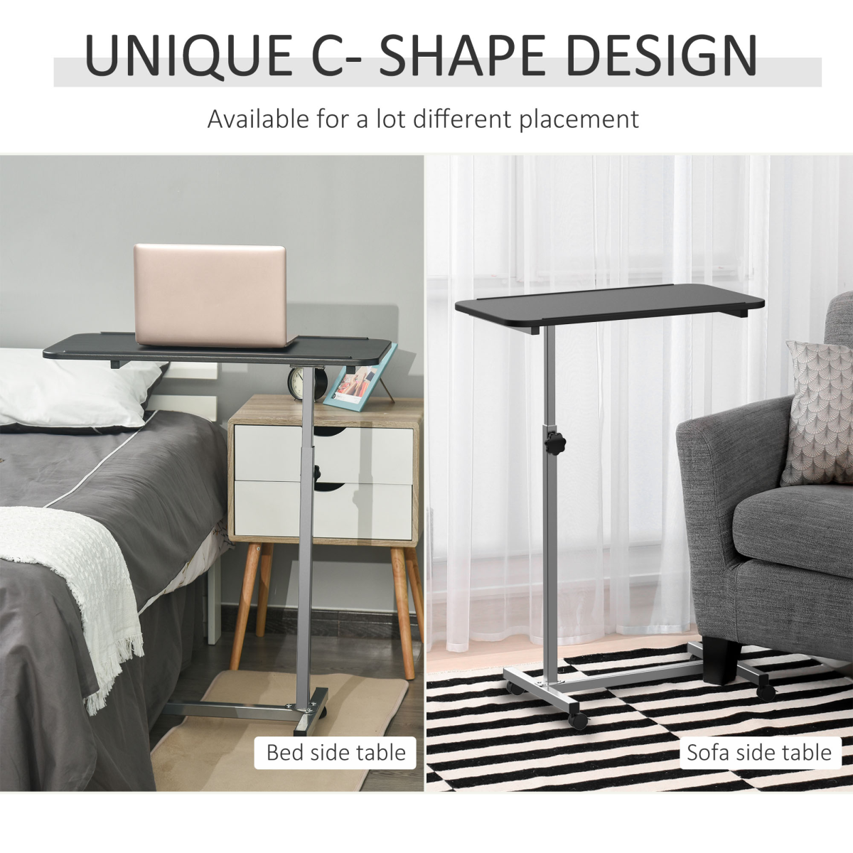 C-Shaped Mobile Table Sofa Over Bed Side Nightstand w/ Casters, Brake