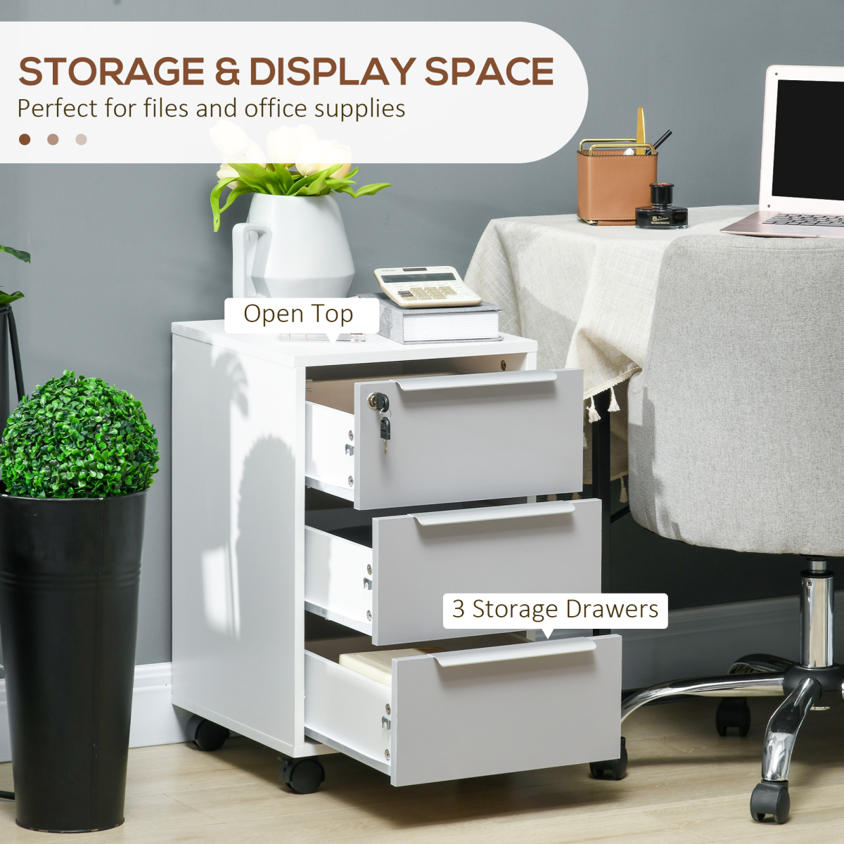 3-Drawer Locking File Cabinet Mobile Chest of Drawers Side Table Wheels
