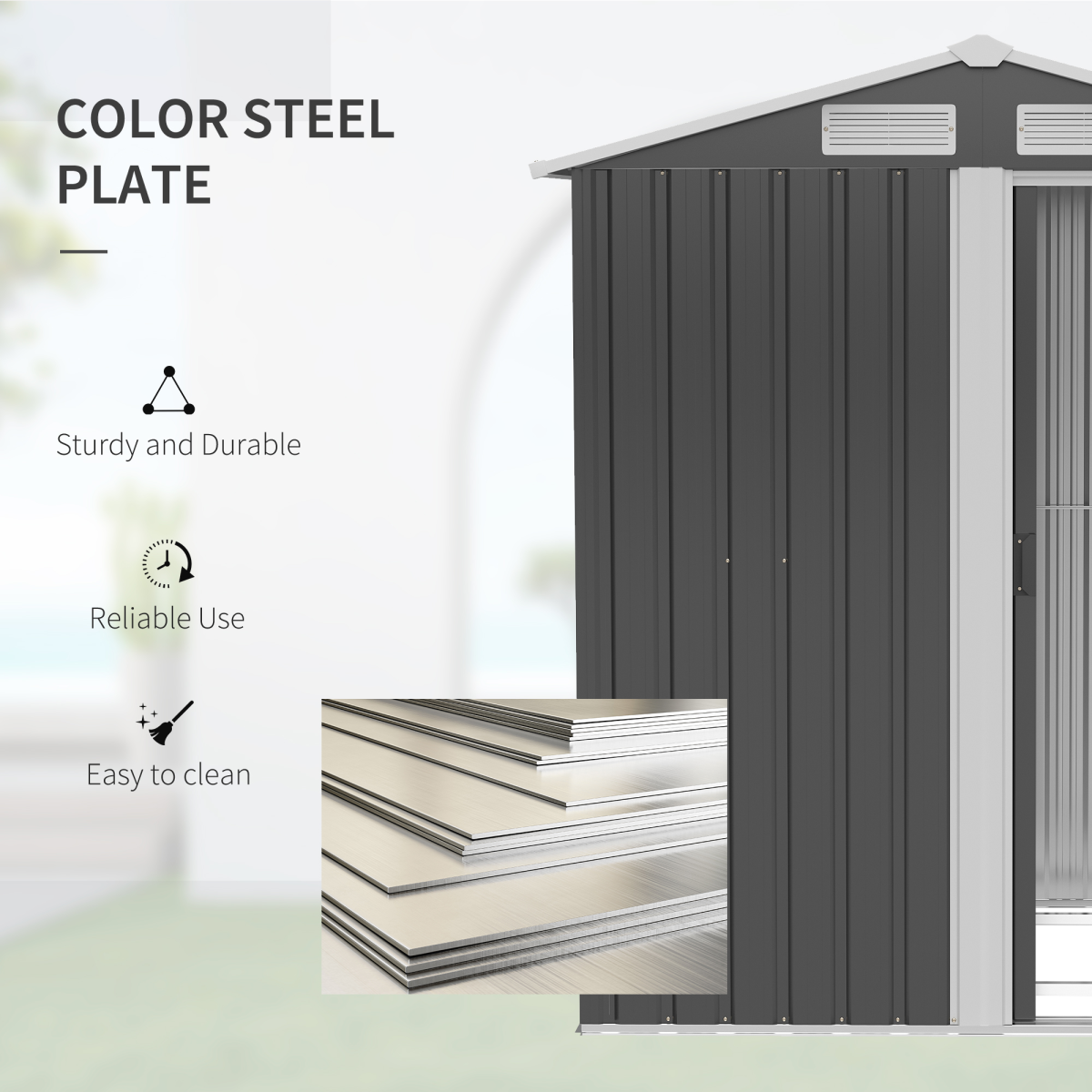 Outdoor Storage Shed, Sliding Door, Sloped Roof  152 x 132 x 188 cm, Grey