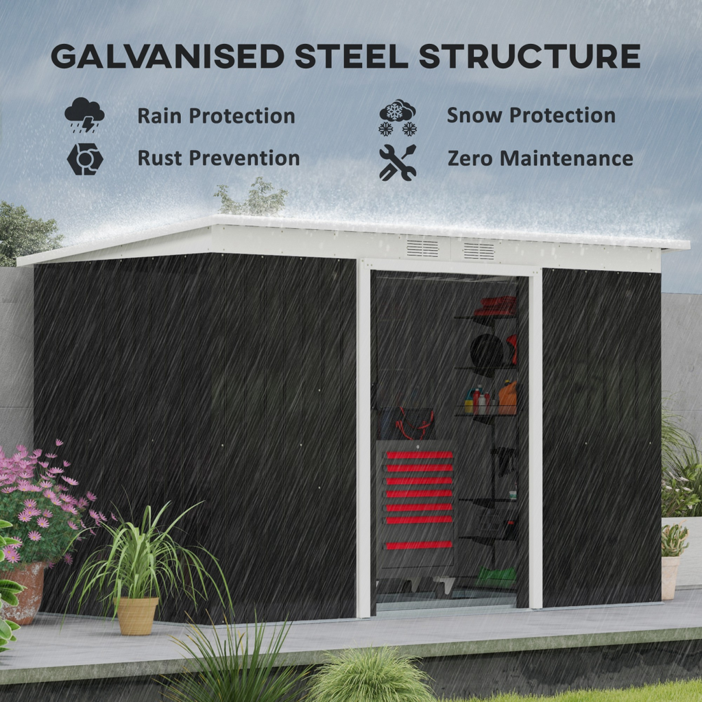 Outsunny 9 x 4FT Outdoor Garden Storage Shed w/ 2 Door Galvanised Metal Grey