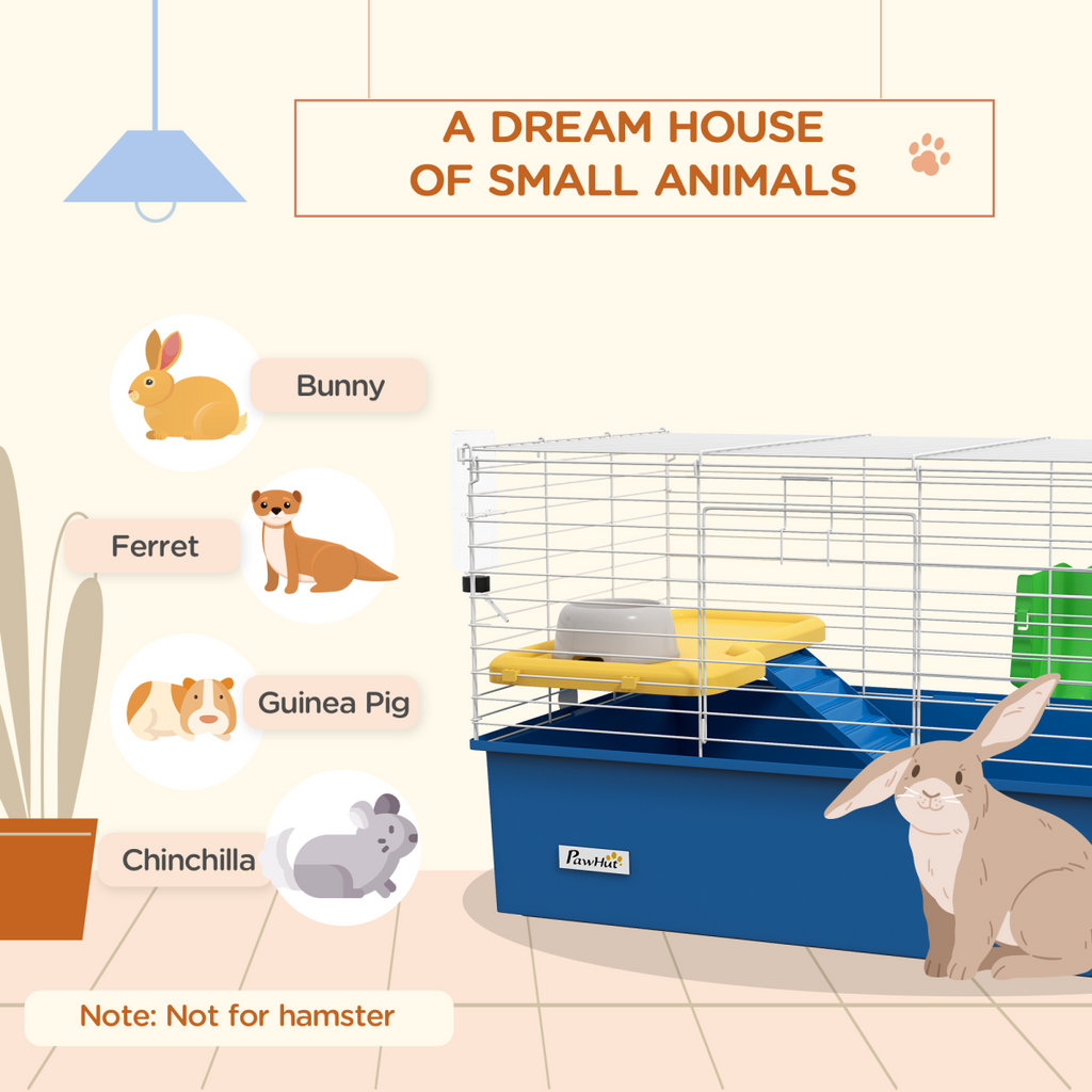 PawHut Small Animal Cage, Rabbit Guinea Pig Hutch, Pet Playhouse, Blue