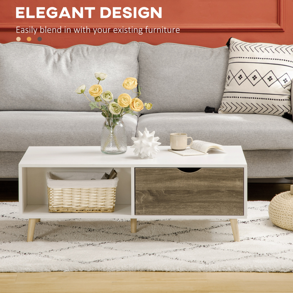 Modern Coffee Tables for Living Room w/ Storage Shelves, 2 Drawers, White