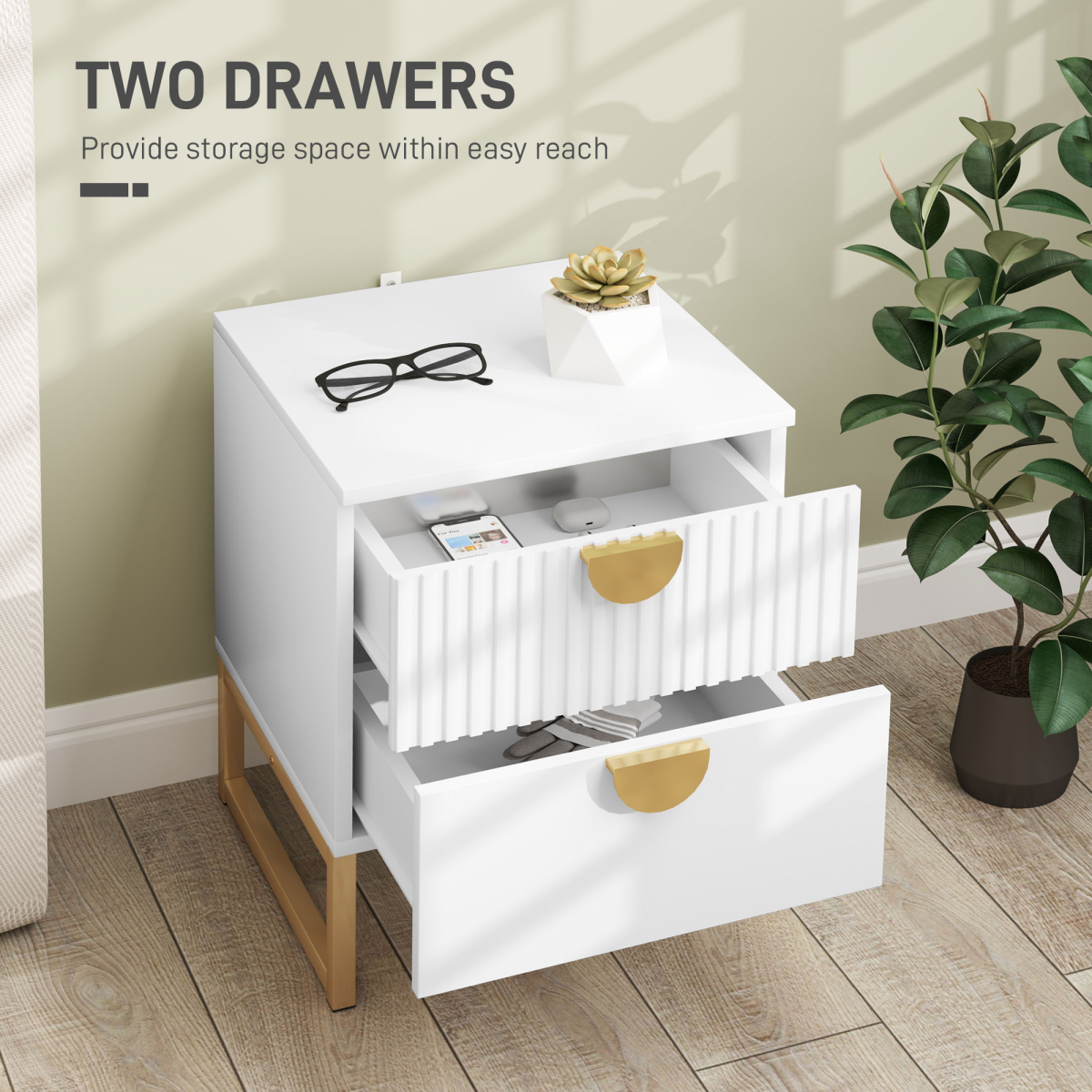 HOMCOM Bedside Table with 2 Drawers for Bedroom, Living Room, White