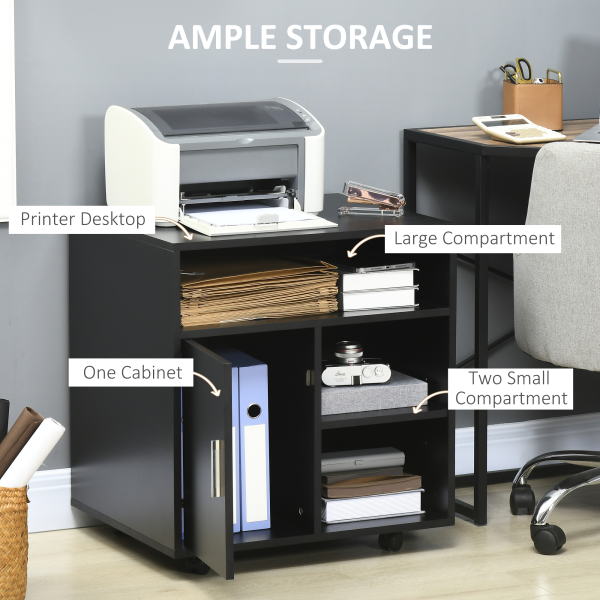 Multi-Storage Printer Unit Office Organisation with 5 Compartments Black HOMCOM