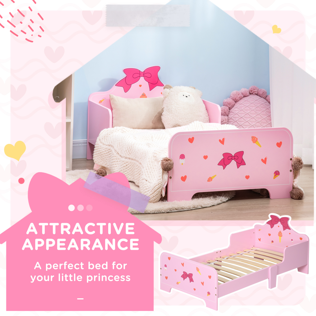Princess-Themed Kids Toddler Bed with Cute Patterns, Safety Rails - Pink