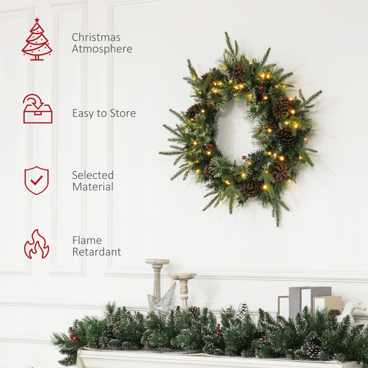 HOMCOM 60cm Christmas Wreath with LED Lights Pine Cones Red Berries Green