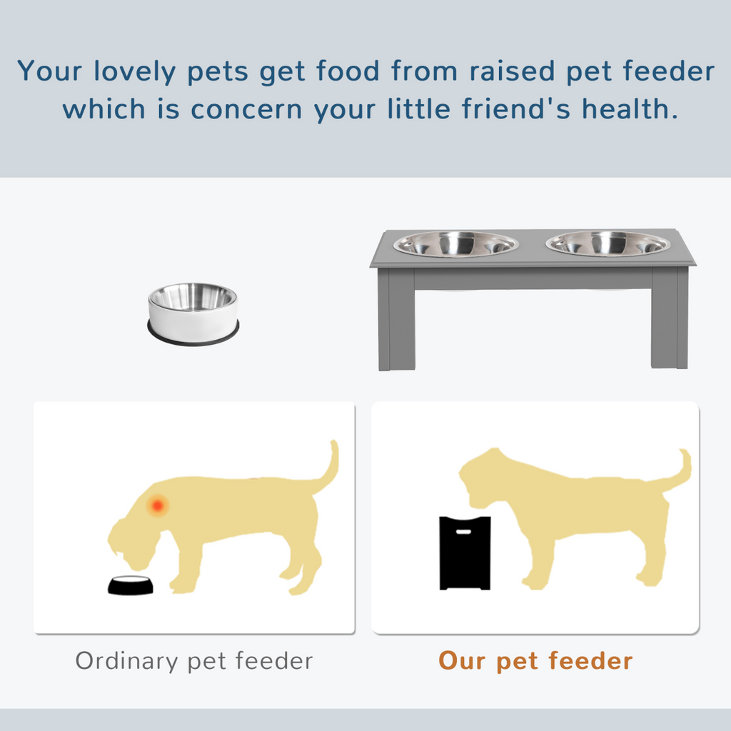 PawHut Raised Dog Bowls Pet Feeder Raised Elevated Stainless Steel Food Grey