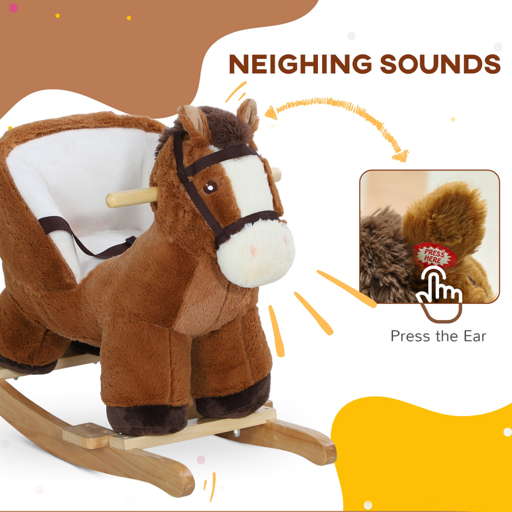 AIYAPLAY Kids Rocking Horse with Sound, Safety Belt - Brown