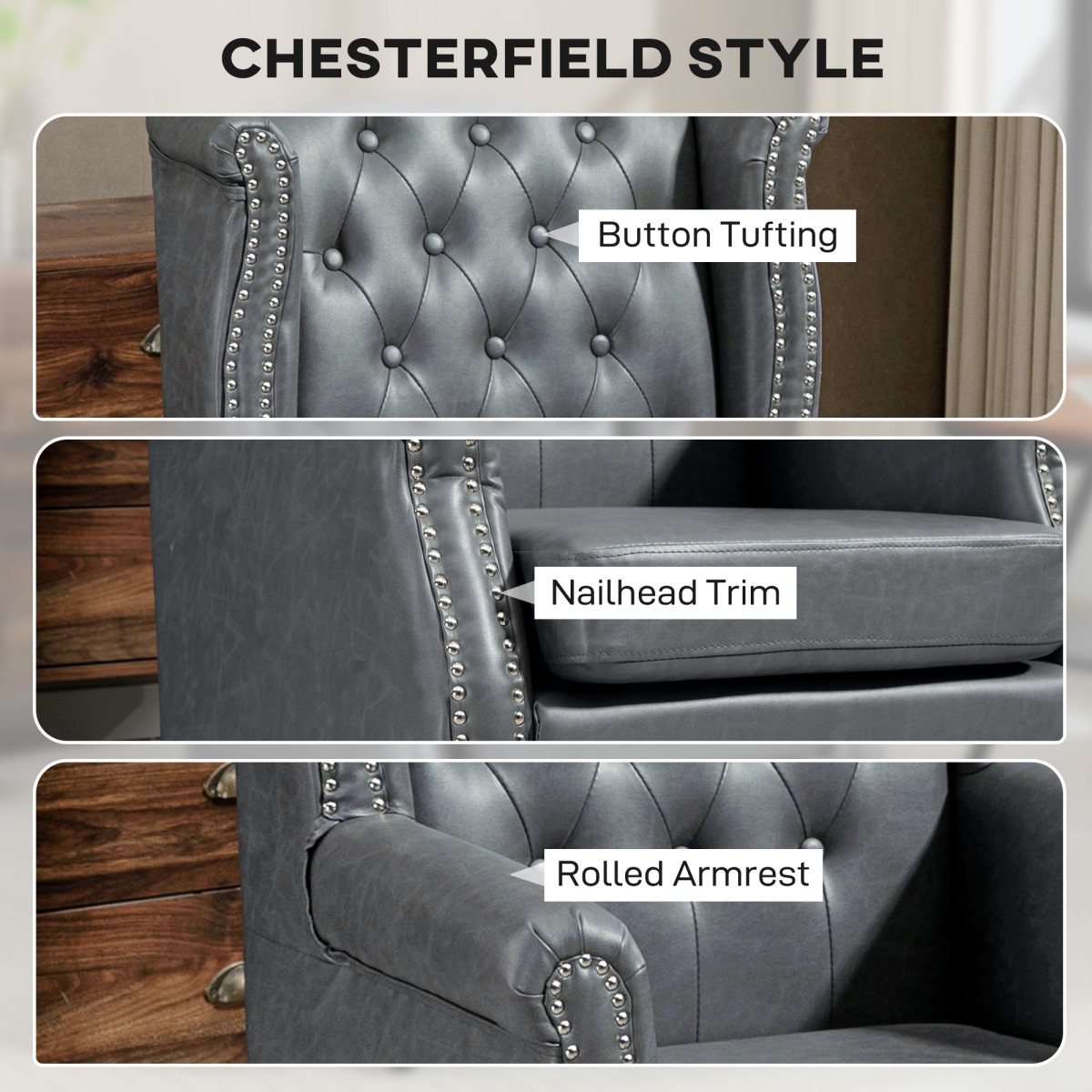 HOMCOM Chesterfield-style Wing Back Armchair Tufted Accent Chair Grey