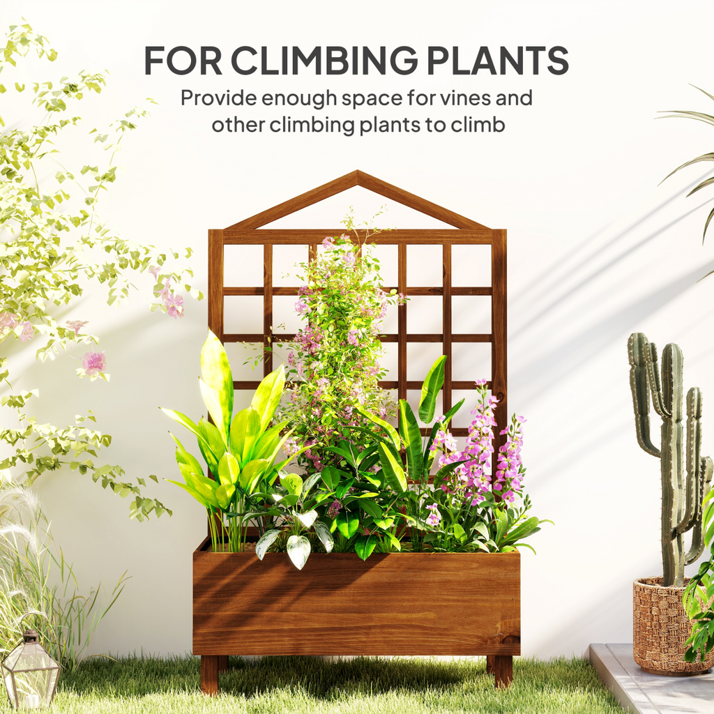 Outsunny Wooden Garden Planters with Trellis for Vine Climbing Plants Brown