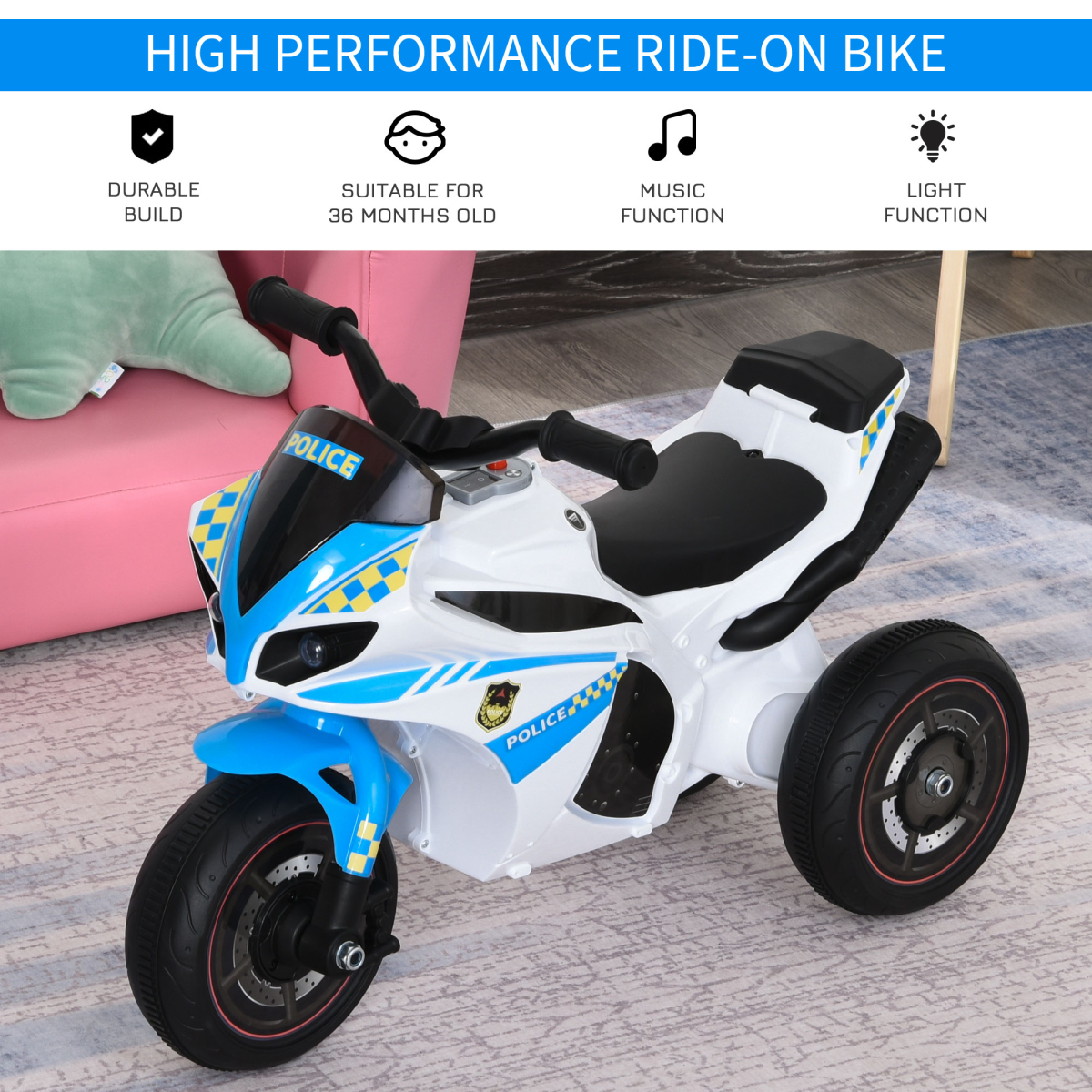 HOMCOM Kids Ride-On Police Bike 3-Wheel Vehicle with Music Lights 18-36 Mths