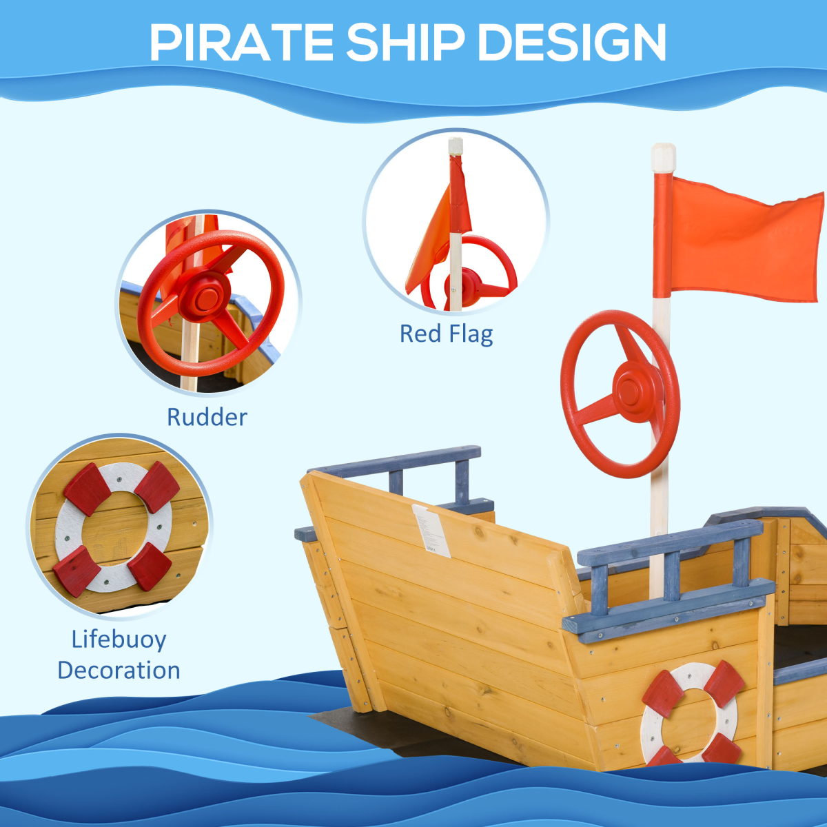 Kids Wooden Sandbox Pirate Ship Sandboat w/ Bench Seat Storage Space