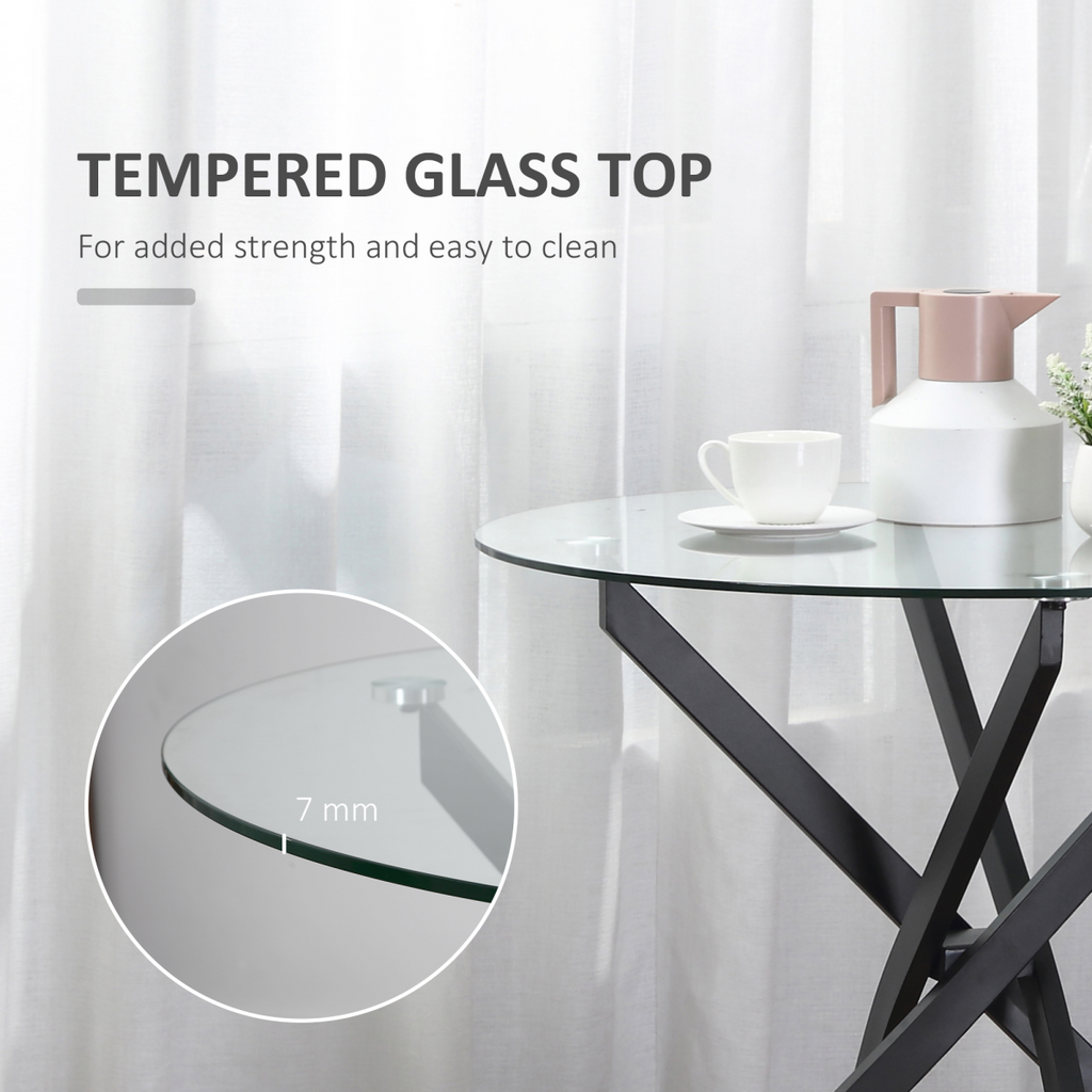 HOMCOM Clear Glass Side Table Round Metal Dining Table Dining Black