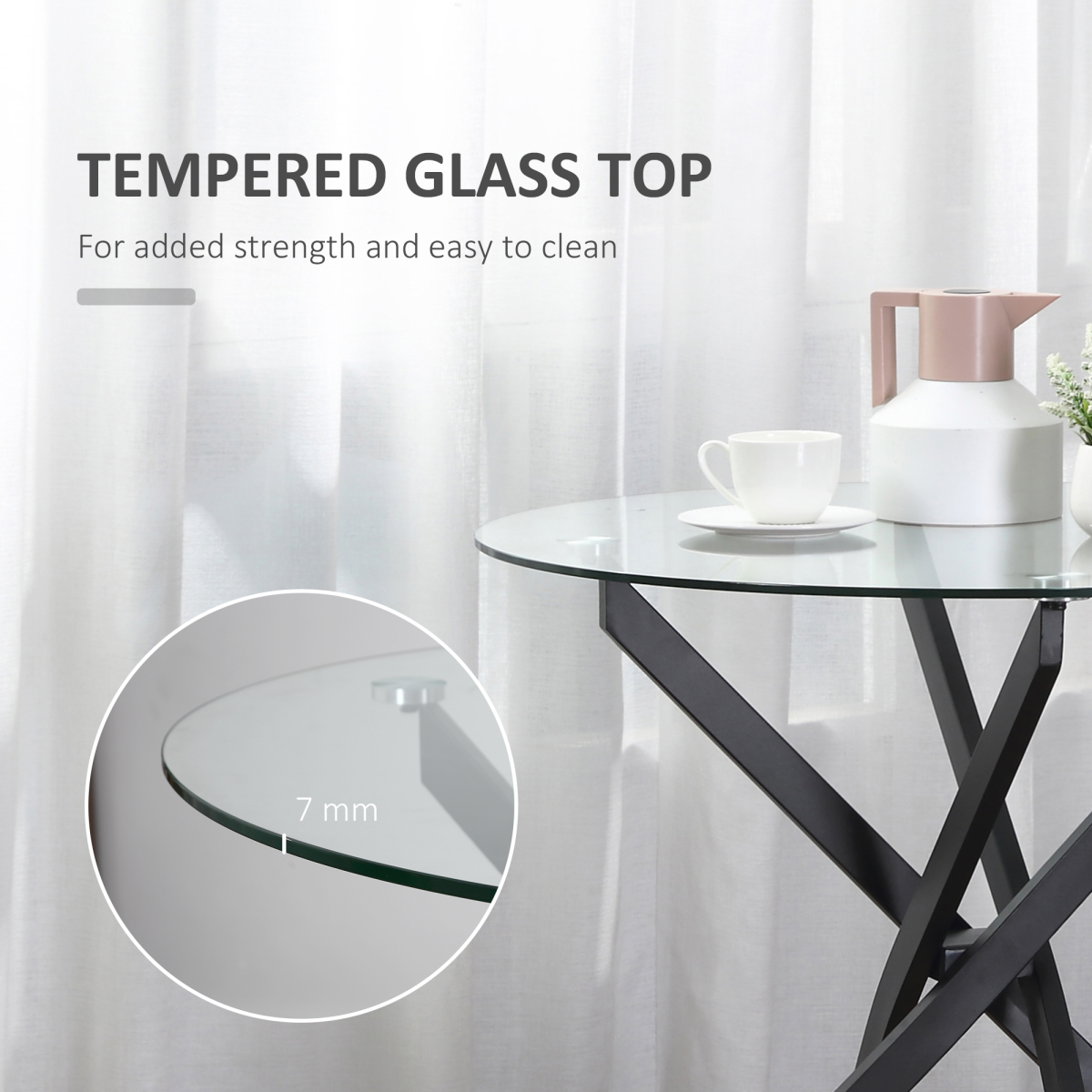 HOMCOM Clear Glass Side Table Round Metal Dining Table Dining Black