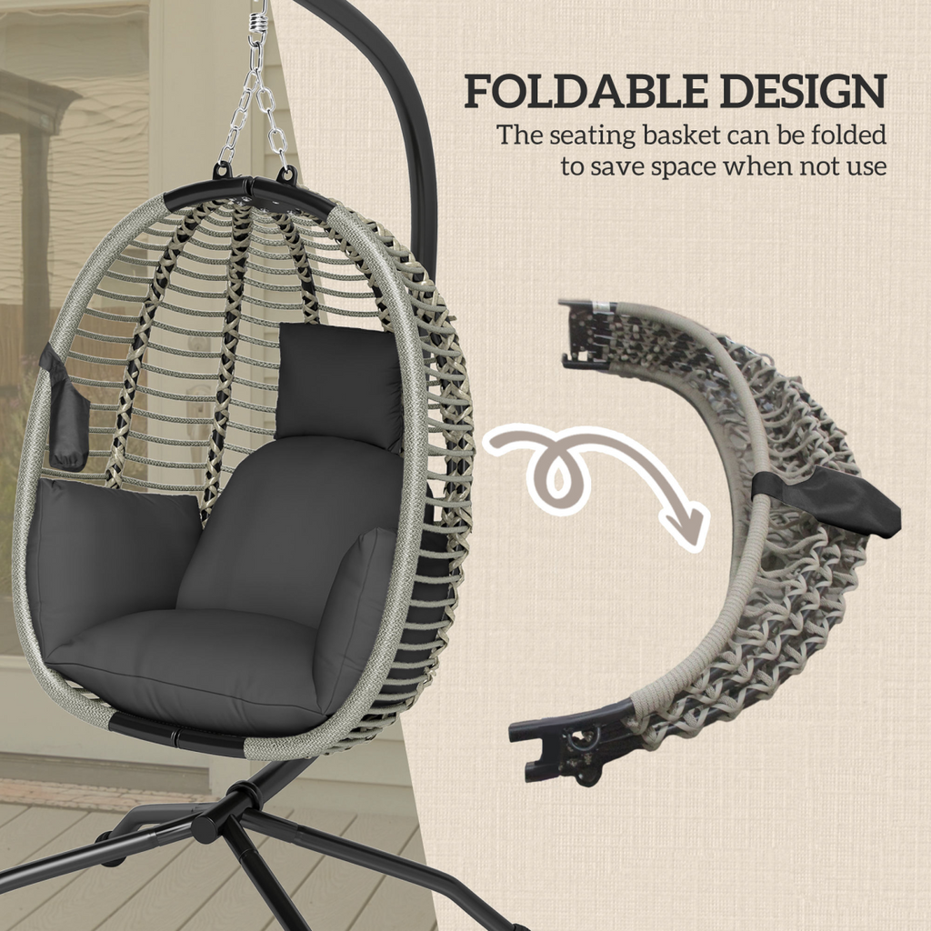 Comfortable Dark Grey Folding Basket Chair with Cup Holders for Relaxation
