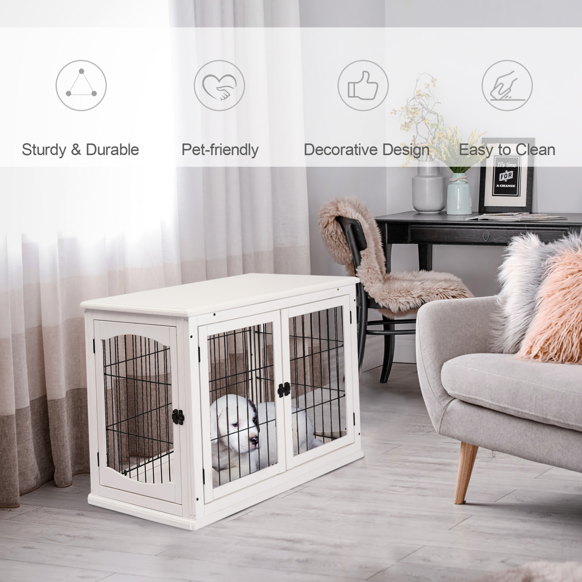 Wooden Dog Crate End Table Pet Puppy Cage w/Metal Wire for Small Dog White