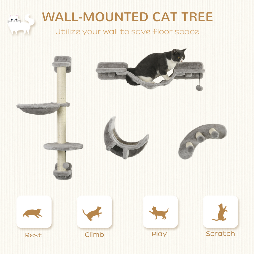 PawHut 4PCs Cat Wall Furniture with Hammock, Ladder, Platforms, Steps, Grey