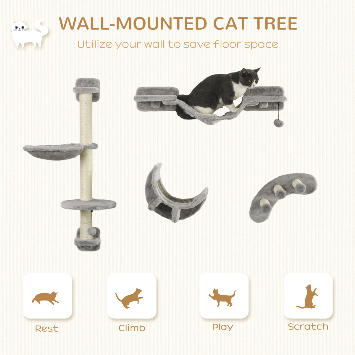 PawHut 4PCs Cat Wall Furniture with Hammock, Ladder, Platforms, Steps, Grey