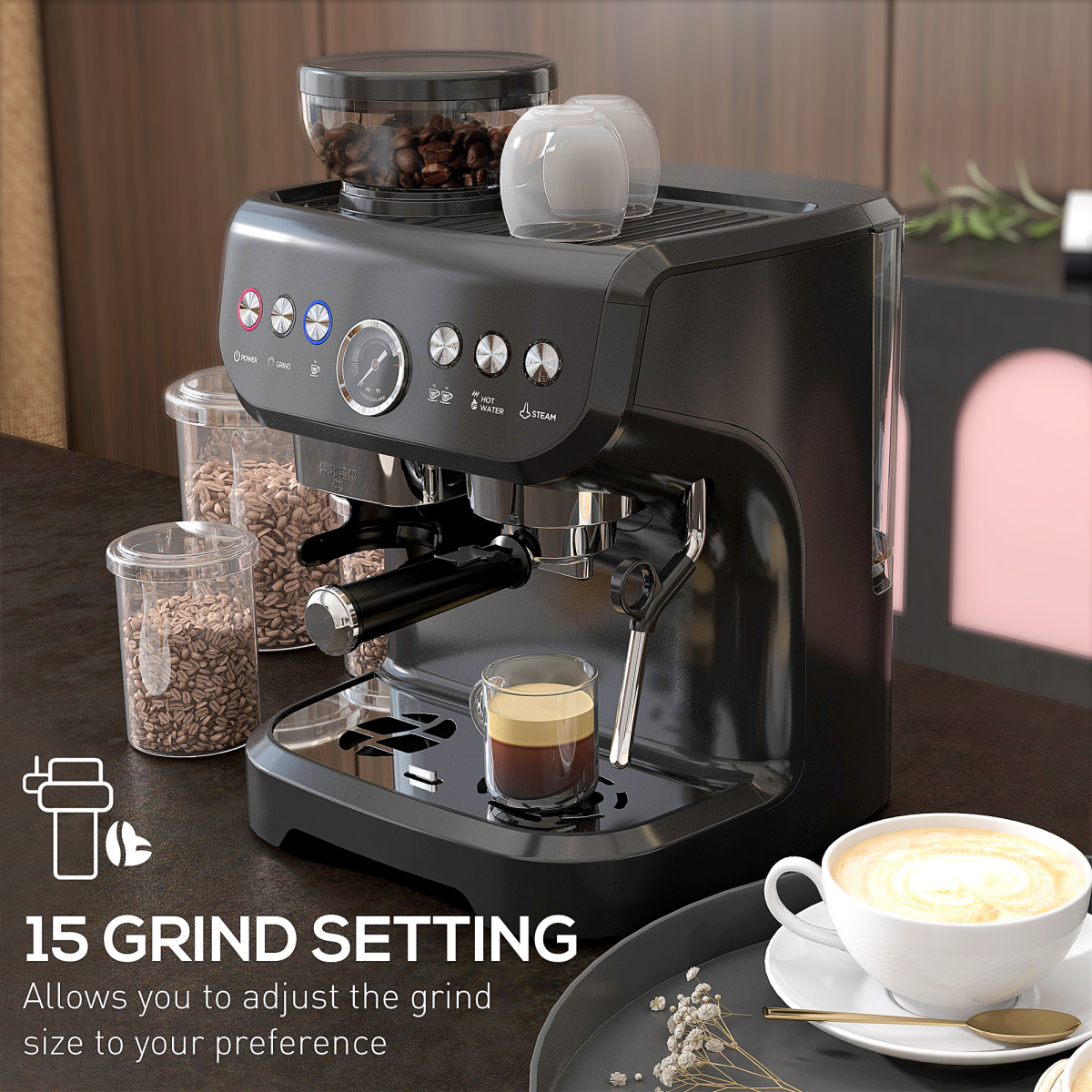 Espresso Coffee Machine with Integrated Bean Grinder & Steam Wand 15 Bar Pressure