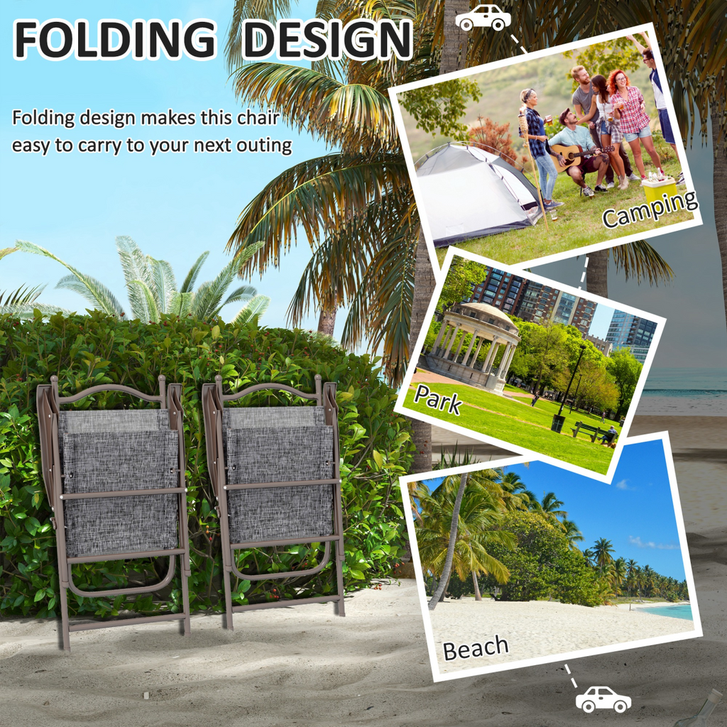 Outsunny Folding Chairs Set with Armrest, Breathable Mesh Fabric Seat, Grey