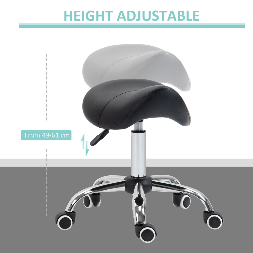 PU Leather Saddle Stool with Moulded Padded Seat Adjustable Height 5 Wheels Black