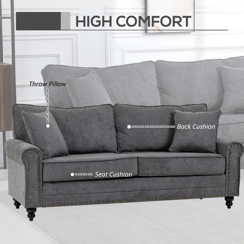2 Seater Sofas Fabric Sofa with Nailhead Trim Cushions and Throw Pillows Grey