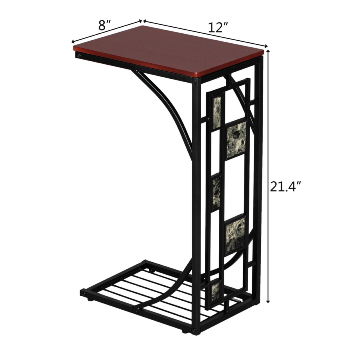 C-Shaped End Table with Gravel Pattern, Brown Top & Black Powder-Coated Base