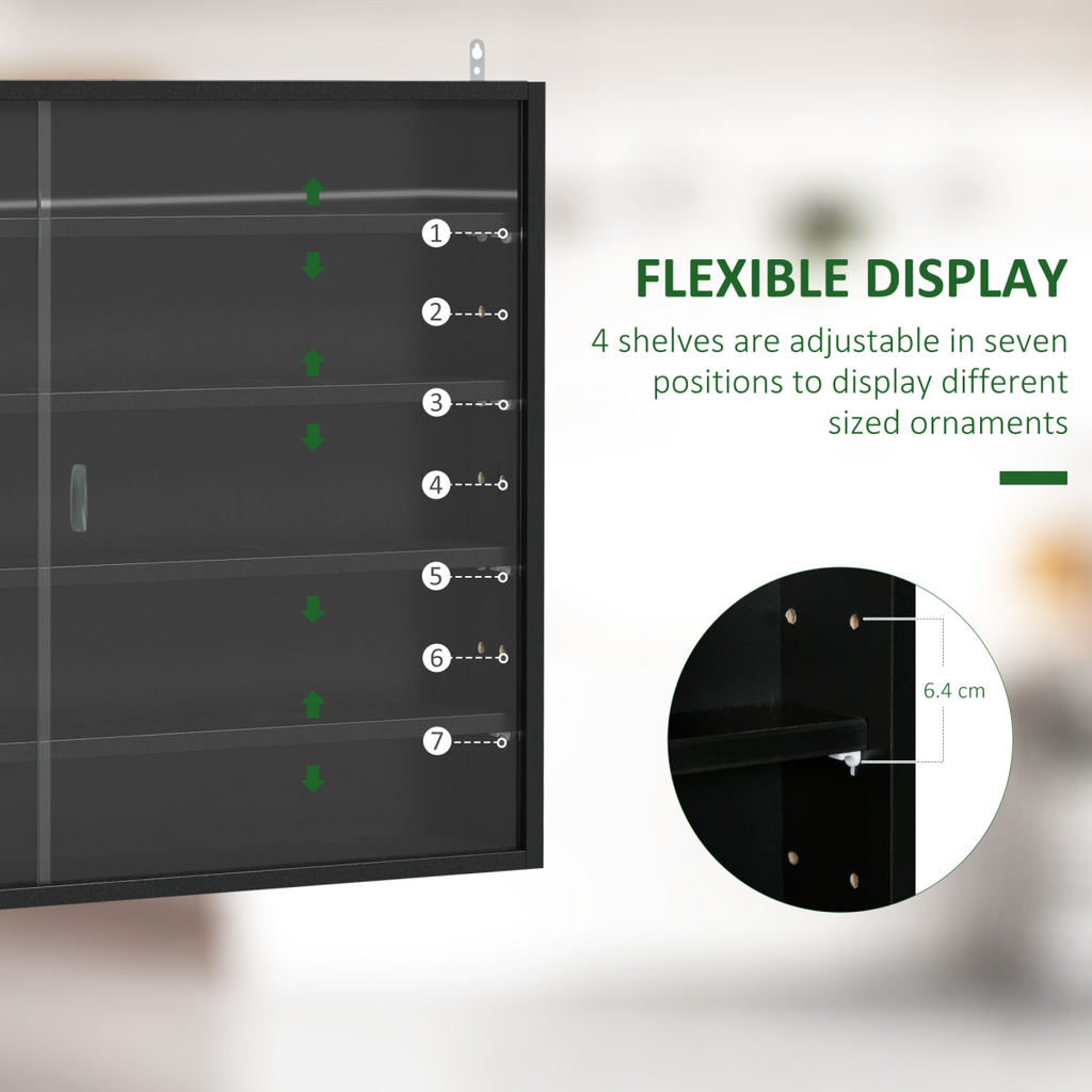 5-Tier Wall Display Shelf Unit Cabinet w/ Shelves Glass Doors Black