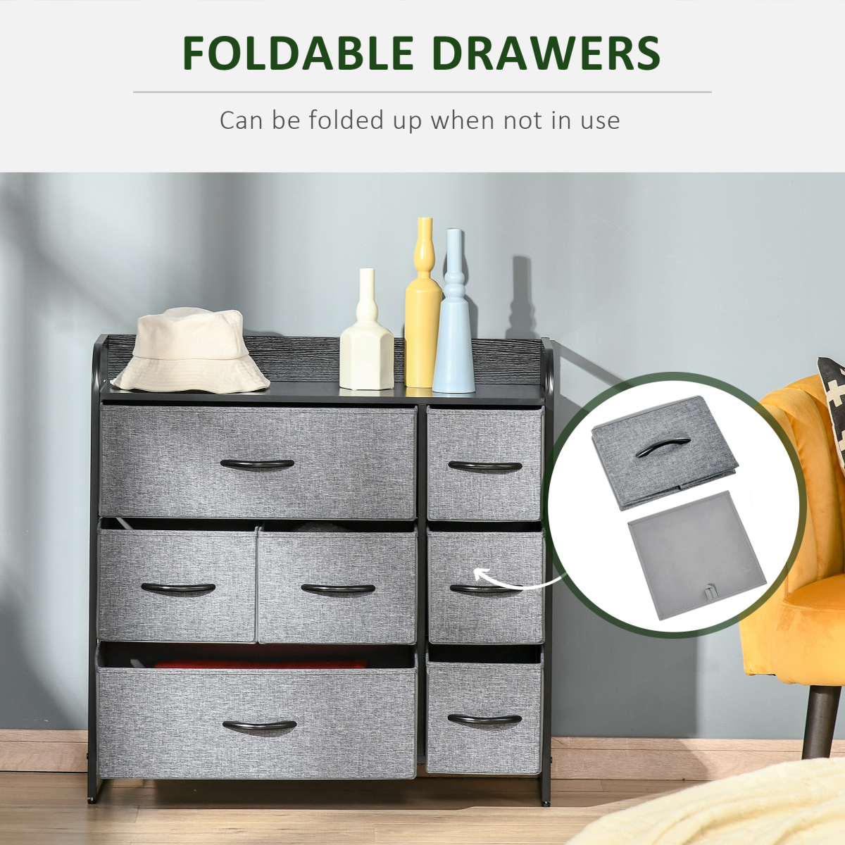 HOMCOM 3-Tier Fabric Bedroom Dresser with 7 Foldable Drawers, Grey