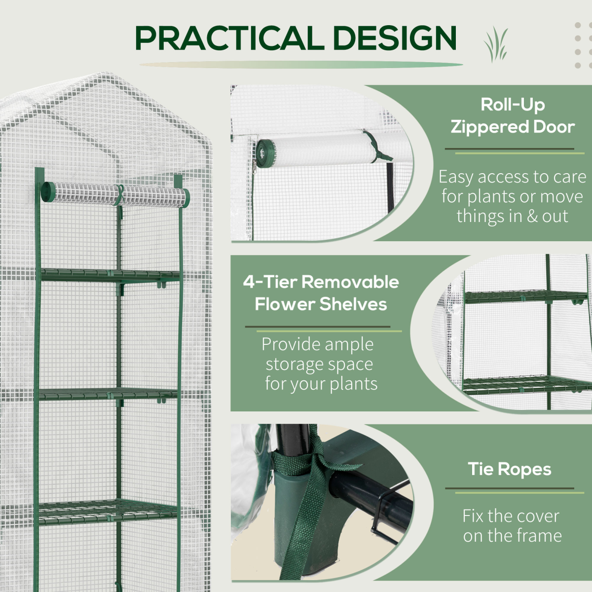 4-Tier Mini Greenhouse with Green & White PE Cover – 160cm
