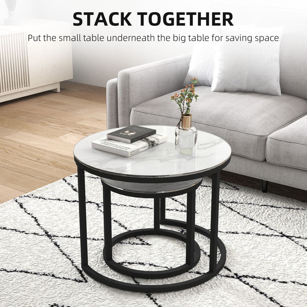 HOMCOM Glass Coffee Table Set of 2, Round Nest of Tables for Living Room