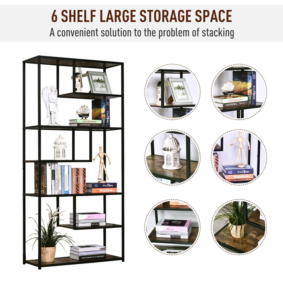 Wood Bookshelf Industrial Style Stand 6-Tier Living Room Display Rack Organiser