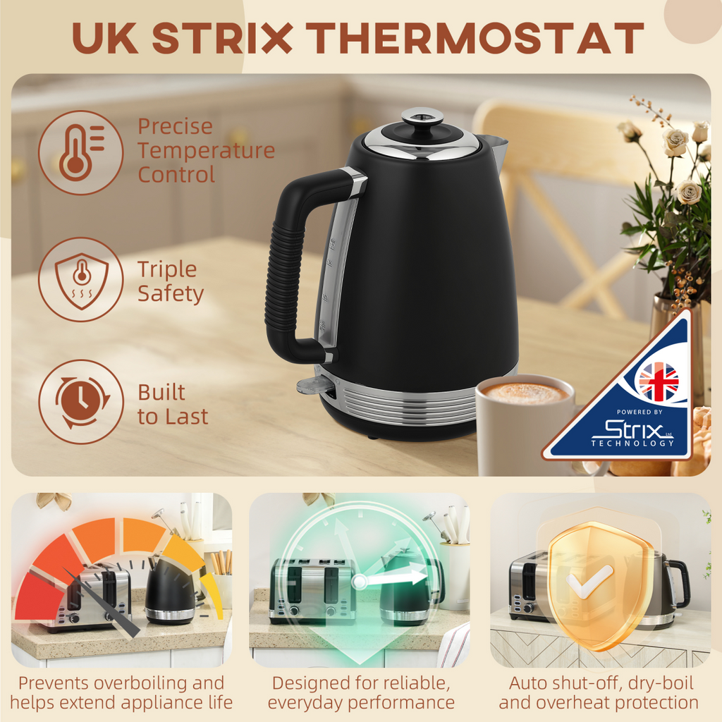 HOMCOM 1.7L 3000W Quick Boil Kettle and 4 Slice Toaster Set Crumb Tray Black