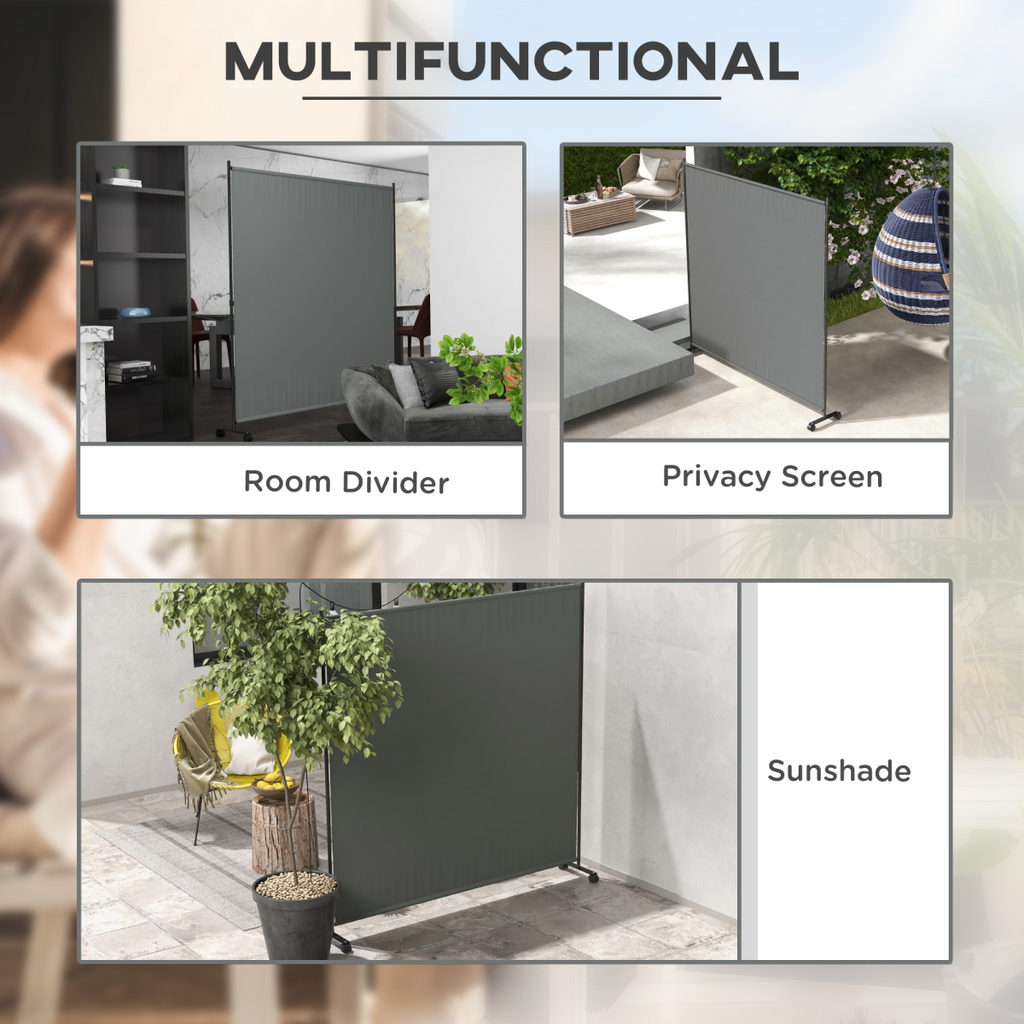 Outsunny Garden Screen with Wheels, 6ft Rolling Privacy Room Divider, Dark Grey