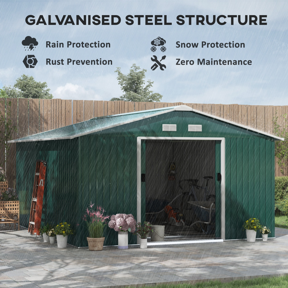 13ft x 11ft Outdoor Roofed Metal Storage Shed Foundation Vent & Doors Green