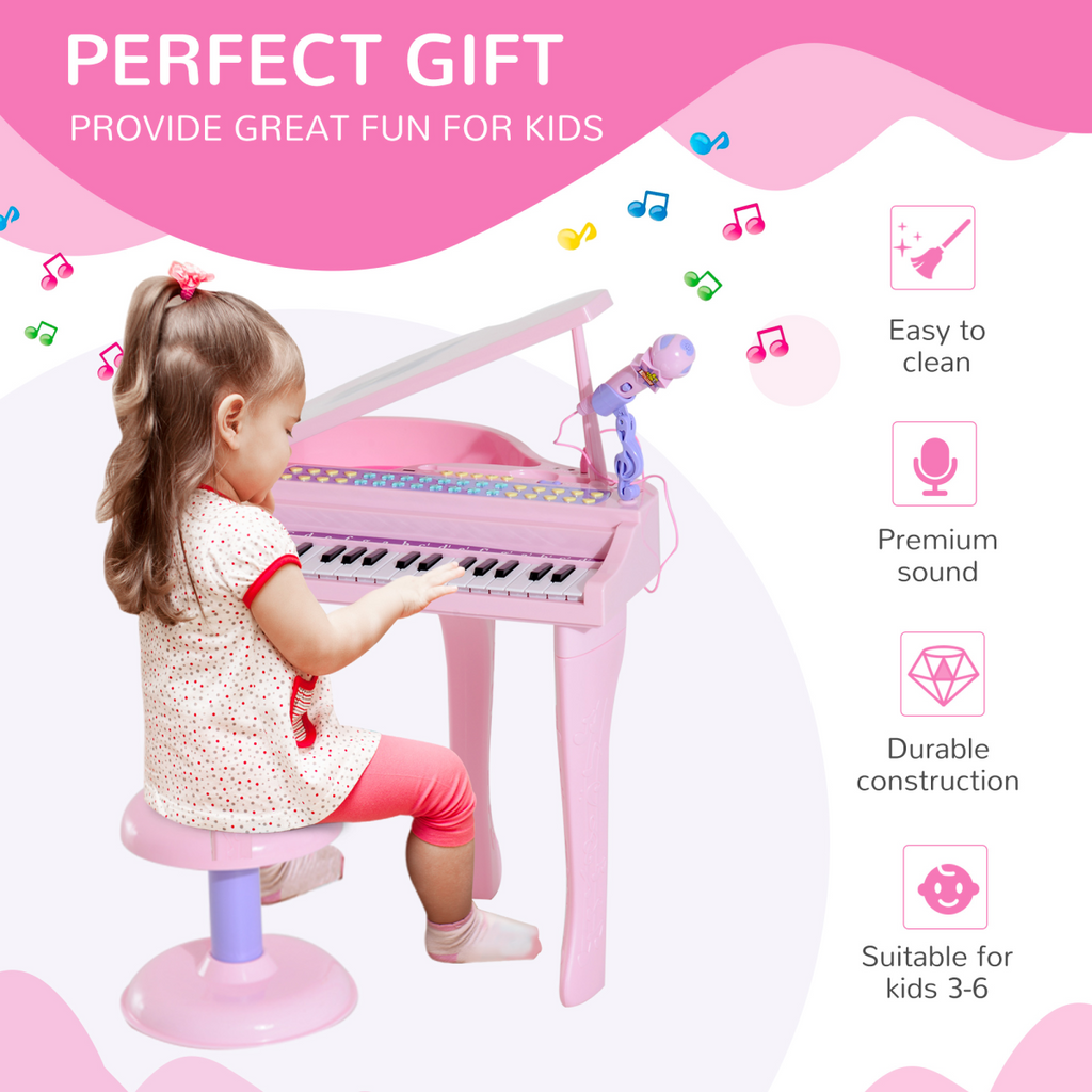 37 Key Musical Mini Piano Electronic Keyboard Microphone Stool Pink