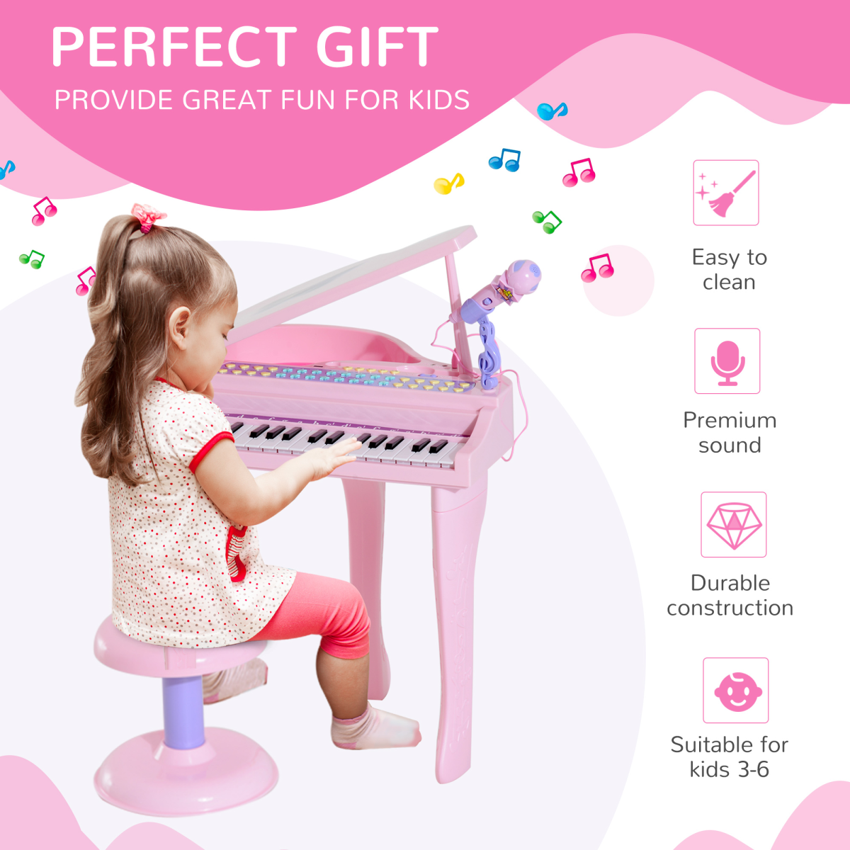 37 Key Musical Mini Piano Electronic Keyboard Microphone Stool Pink