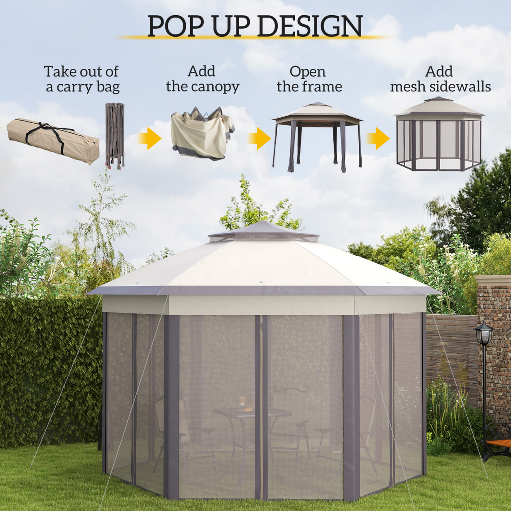 4.05m x 4.05m Metal Frame Mesh Draped 2-Tier Roof Gazebo Brown