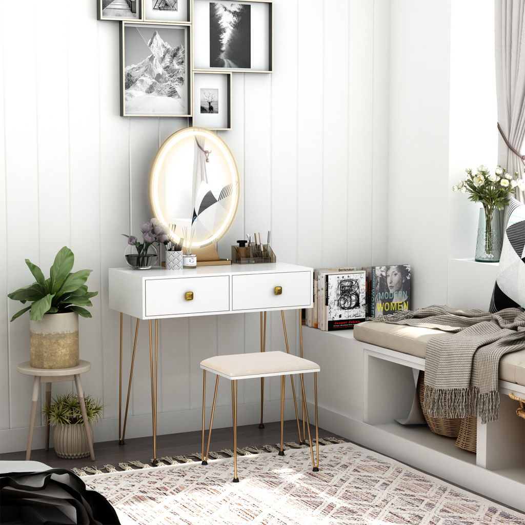 Dressing Table Set With LED Mirror & Stool 2 Drawers Makeup Desk