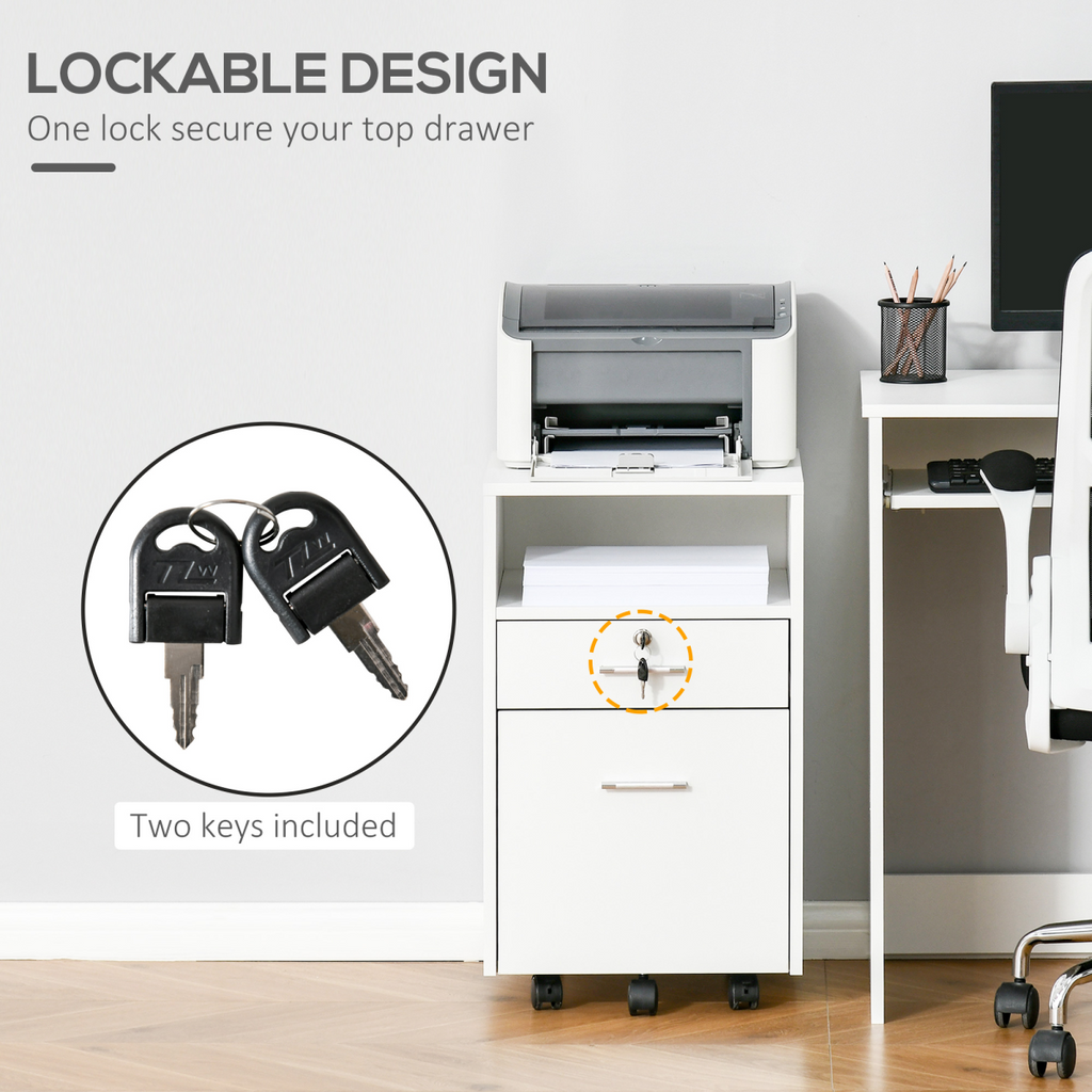 Mobile File Cabinet Lockable Documents Storage w/ 5 Wheels White Vinsetto