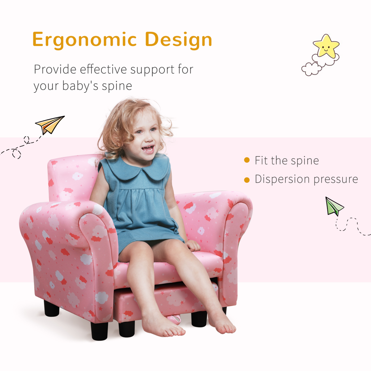 Cute Cloud Star Kids Children Armchair Mini Seat Wood with Footrest Padding Pink