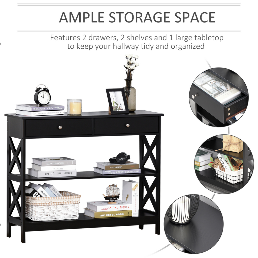 Console Table Side Desk Shelves Drawers Open Top Hallway Black
