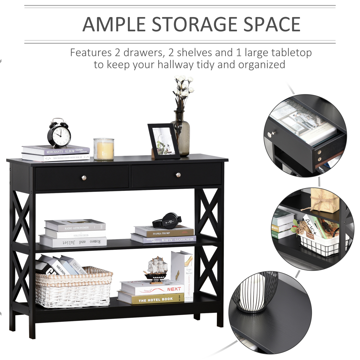 Console Table Side Desk Shelves Drawers Open Top Hallway Black